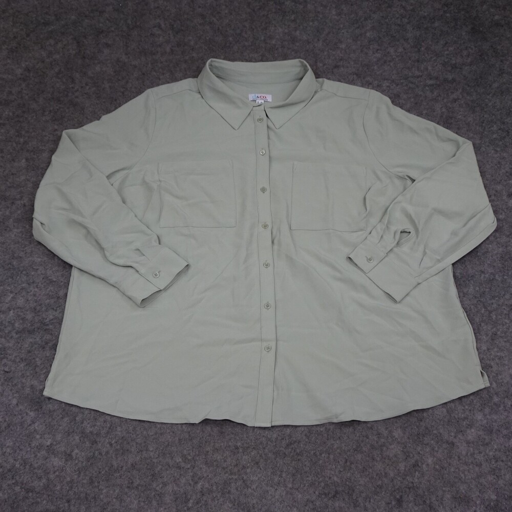 Denim & Company Shirt Womens 2X Green Button Up Solid Blouse Top Pocket